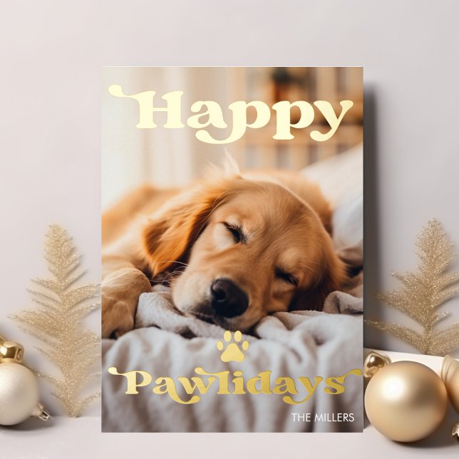 Tarjeta Festiva Con Relieve Metalizado Feliz Pawlidays Perro Mascota Navidad Moderno Retr (Happy Pawlidays Dog Pet Christmas Modern Retro Foil Holiday Card)