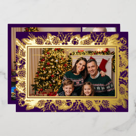 Tarjeta Festiva Con Relieve Metalizado Feliz retrato de la familia Christmas Purple Gold