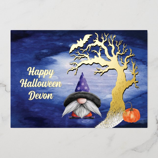 Tarjeta Festiva Con Relieve Metalizado Feliz saludo de Gnome de Halloween Spooky (Anverso)