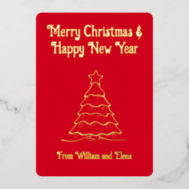 Tarjeta Festiva Con Relieve Metalizado Feliz texto navideño y árbol de navidad en realida