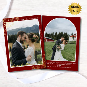 Tarjeta Festiva Con Relieve Metalizado Feliz y Casada Borgoña y Oro 2 Fotos Navidad