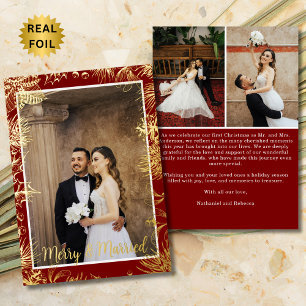 Tarjeta Festiva Con Relieve Metalizado Feliz y Casada Borgoña y Oro 3 Fotos Navidad