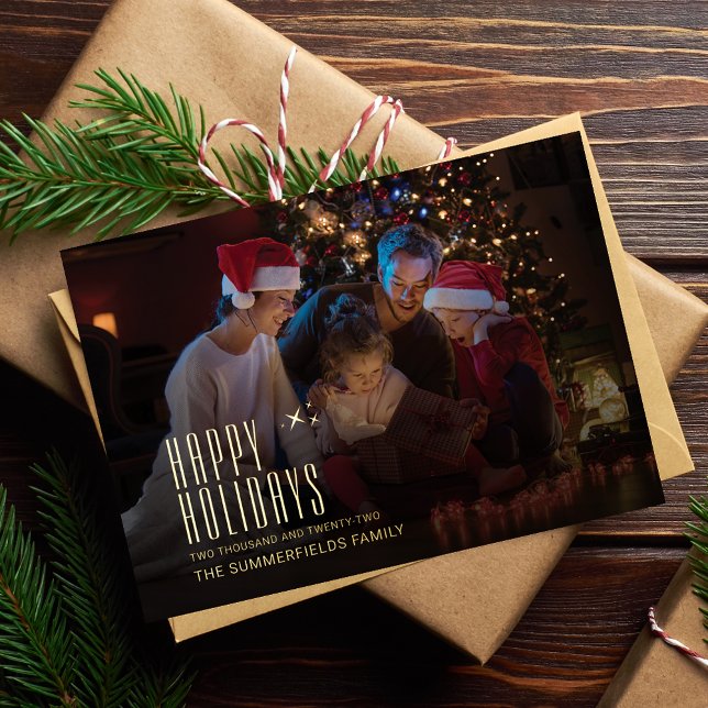Tarjeta Festiva Con Relieve Metalizado Feriados familiares modernos Navidades de fotograf (Family Photo Christmas Holdays Greetings Card)