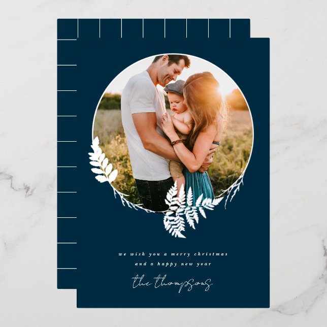 Tarjeta Festiva Con Relieve Metalizado Fern Forest Wreath Merry Christmas Silver Photo (Anverso/Reverso)