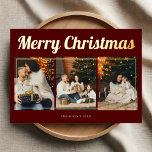 Tarjeta Festiva Con Relieve Metalizado Ferry Christmas Retro Script Photo Red<br><div class="desc">Celebra la temporada con nuestra tarjeta de Navidades personalizada. La parte delantera muestra el guión retro que lleva el título 'Feliz Navidad' encima de tres preciadas fotos. En la parte de atrás,  agregue cuatro fotos más y un mensaje personalizado para un toque sincero.</div>