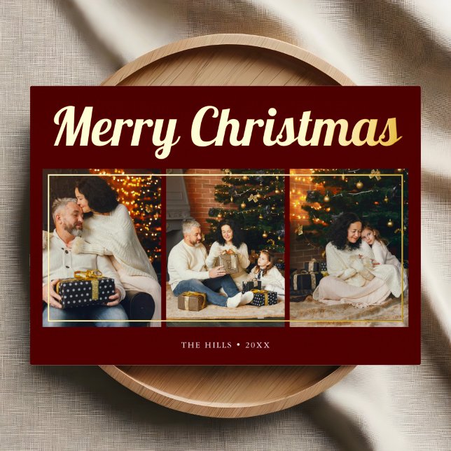 Tarjeta Festiva Con Relieve Metalizado Ferry Christmas Retro Script Photo Red (Subido por el creador)