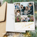 Tarjeta Festiva Con Relieve Metalizado Ferry Christmas script 6 photo collage family<br><div class="desc">Elegante lujo Feliz Navidad real Relieve metalizado oro clásico guión de caligrafía seis fotos familiares simple tarjeta de vacaciones blancas con tu personalizado texto personalizado en ambos lados. OBSERVE que el color de fondo es modificable. Puede cambiarlo después de seleccionar la opción PERSONALIZAR debajo del menú PERSONALIZAR TI. Si no...</div>