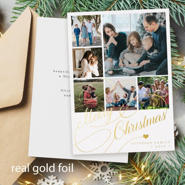 Tarjeta Festiva Con Relieve Metalizado Ferry Christmas script 6 photo collage family (You can choose the foil color: GOLD, ROSE GOLD or SILVER)