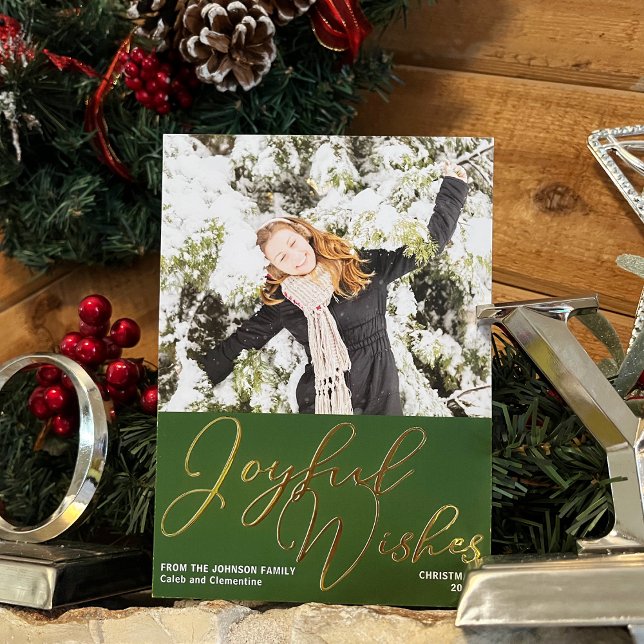 Tarjeta Festiva Con Relieve Metalizado Festive Green Joyful Wishes Christmas Photo Gold (Subido por el creador)