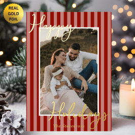 Tarjeta Festiva Con Relieve Metalizado Festive Preppy Red Stripes Photo Christmas Gold