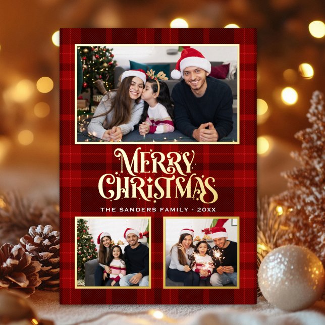 Tarjeta Festiva Con Relieve Metalizado "Festive Red Tartan Christmas Card with Gold Foil  (Subido por el creador)