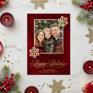 Tarjeta Festiva Con Relieve Metalizado Festividades Felices de Velvet Rojo de Snowflake