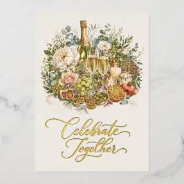 Tarjeta Festiva Con Relieve Metalizado Fiesta de Champán de Navidad en Acuarela de Oro El