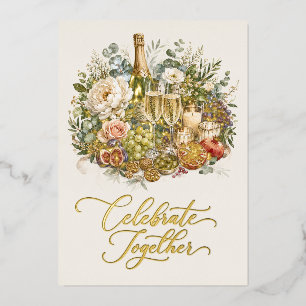 Tarjeta Festiva Con Relieve Metalizado Fiesta de Champán de Navidad en Acuarela de Oro El