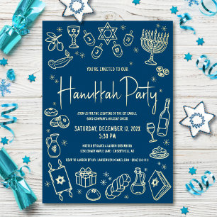 Tarjeta Festiva Con Relieve Metalizado Fiesta de Janucá en azul marino con garabatos dibu