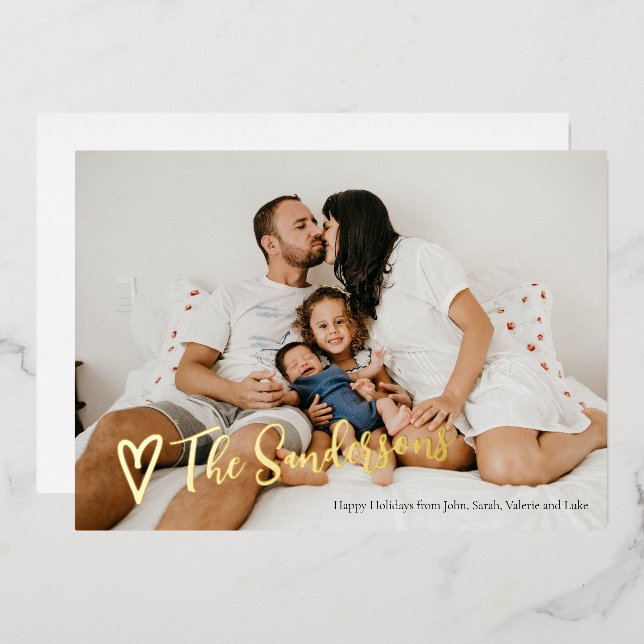 Tarjeta Festiva Con Relieve Metalizado Firma familiar escritura en negro (Anverso/Reverso)