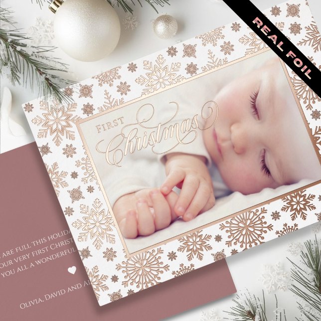 Tarjeta Festiva Con Relieve Metalizado First Christmas Snowflake Frame Rose Gold  (First Christmas Snowflake Rose Gold Frame Foil Holiday Card - back personal greeting)