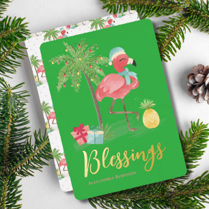 Tarjeta Festiva Con Relieve Metalizado Flamenco de Navidad de Verano Tropical Rosa Palma