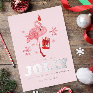 Tarjeta Festiva Con Relieve Metalizado Flamenco Rosa Tropical Santa Navidad
