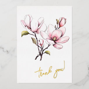 Tarjeta Festiva Con Relieve Metalizado Flor de Magnolia "¡Gracias!" Editable