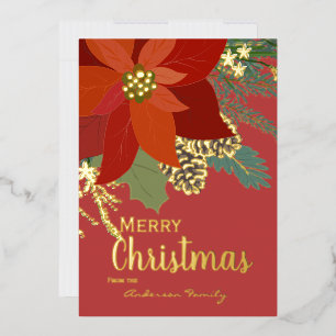 Tarjeta Festiva Con Relieve Metalizado Flor de Nochebuena Roja Feliz Navidad Dorada