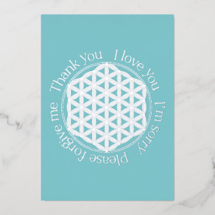 Tarjeta Festiva Con Relieve Metalizado Flor de vida Ho'oponopono azul y blanco