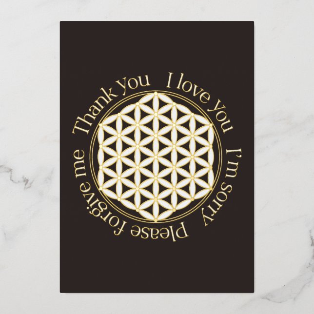 Tarjeta Festiva Con Relieve Metalizado Flor de vida Ho'oponopono negro y blanco (Anverso)