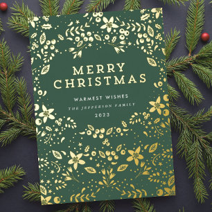 Tarjeta Festiva Con Relieve Metalizado Floraciones navideñas Gold y Green Merry