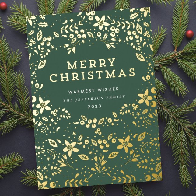 Tarjeta Festiva Con Relieve Metalizado Floraciones navideñas Gold y Green Merry (Subido por el creador)