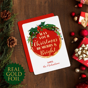 Tarjeta Festiva Con Relieve Metalizado Floral Berry Wreath Navidades Lights Gold