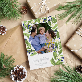 Tarjeta Festiva Con Relieve Metalizado Floral Blanca Bayas Azules Hexágono Felices Fiesta