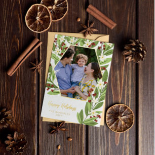 Tarjeta Festiva Con Relieve Metalizado Floral Blanca Bayas Rojas Hexágono Felices Fiestas