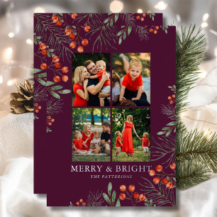 Tarjeta Festiva Con Relieve Metalizado Floral de Collage de fotos de Navidades merry y br