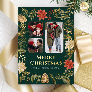 Tarjeta Festiva Con Relieve Metalizado Floral de Poinsettia 3 foto Navidades verdes oro
