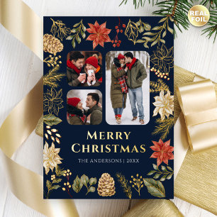 Tarjeta Festiva Con Relieve Metalizado Floral de Poinsettia 3 Navidades azules de la mari
