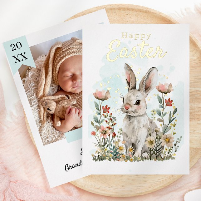 Tarjeta Festiva Con Relieve Metalizado Floral de primavera de conejo chiflado feliz foto  (Cute New Baby Photo Happy Easter Foil Holiday Card)