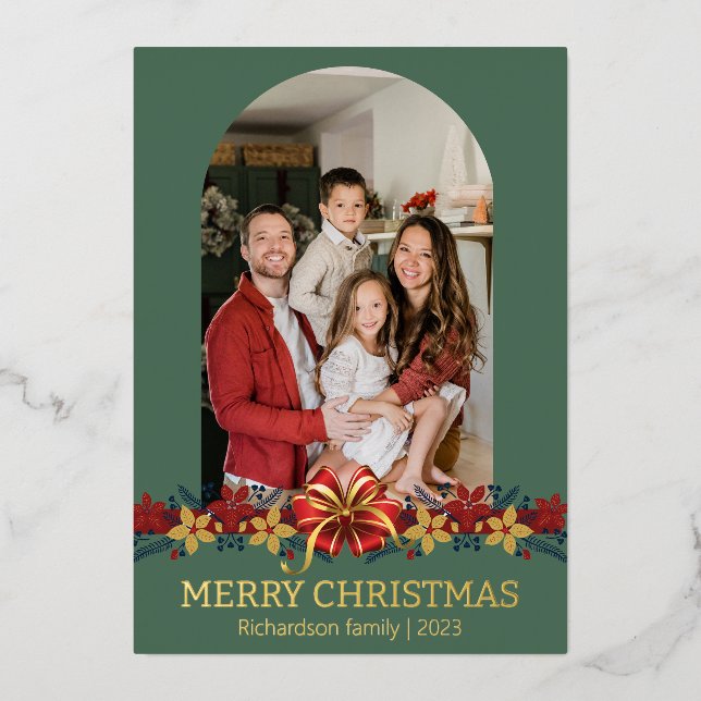 Tarjeta Festiva Con Relieve Metalizado Floral Sencillo y elegante foto de Navidades famil (Anverso)