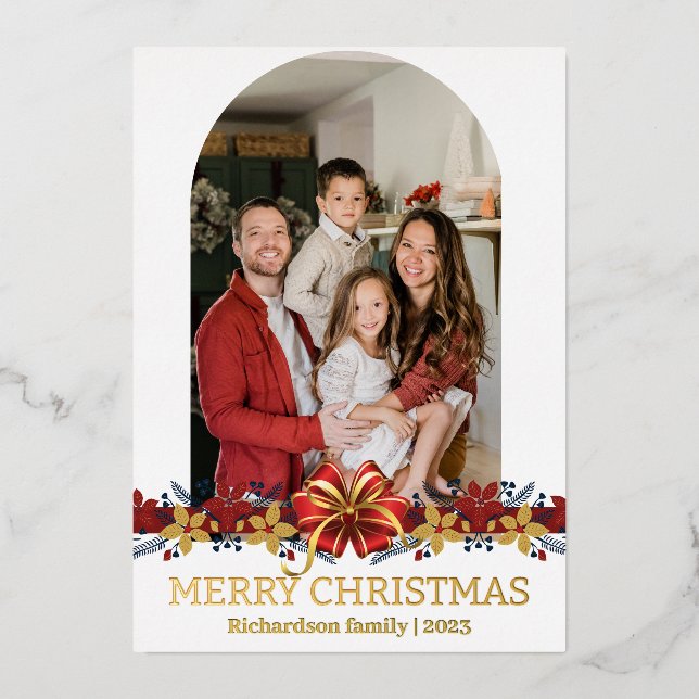 Tarjeta Festiva Con Relieve Metalizado Floral Sencillo y elegante foto de Navidades famil (Anverso)