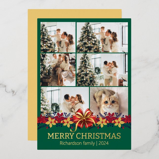 Tarjeta Festiva Con Relieve Metalizado Floral Sencillo y elegante foto de Navidades famil (Anverso/Reverso)