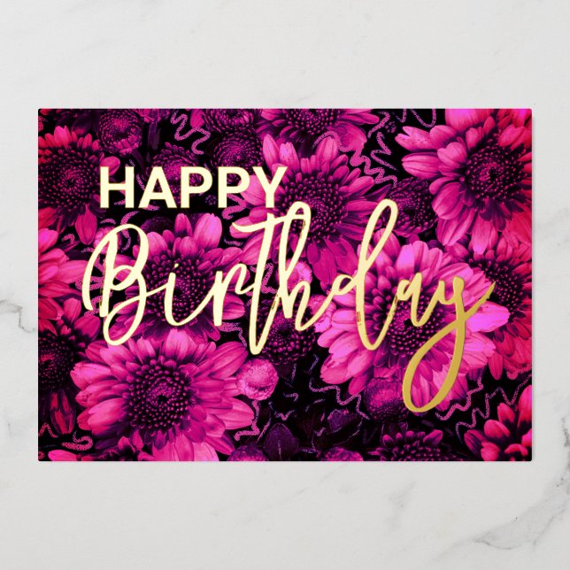 Tarjeta Festiva Con Relieve Metalizado Florales de otoño Feliz cumpleaños Real Gold (Anverso)