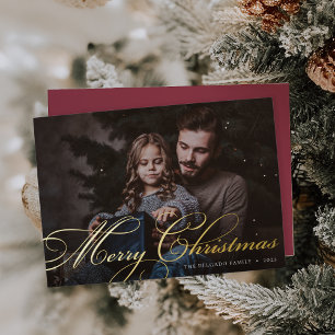 Tarjeta Festiva Con Relieve Metalizado Florecimiento clásico Fotos navideñas de Feliz