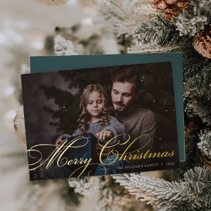 Tarjeta Festiva Con Relieve Metalizado Florecimiento clásico   Fotos navideñas de Feliz