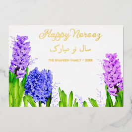 Tarjeta Festiva Con Relieve Metalizado Flores de Jacinto Azules Morados y Rosados Norooz