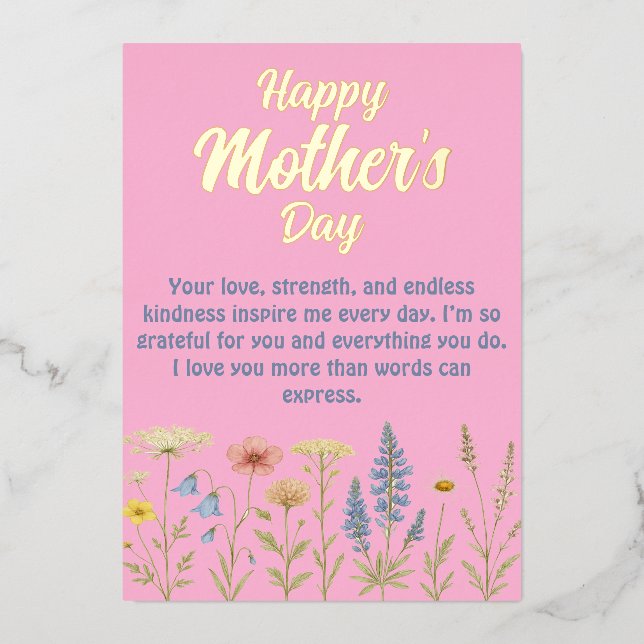 Tarjeta Festiva Con Relieve Metalizado Flores silvestres elegantes Día de la Madre   (Anverso)