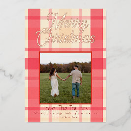 Tarjeta Festiva Con Relieve Metalizado Foil Pink Plaid Vintage Merry Christmas Card