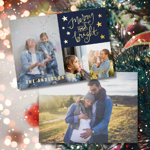 Tarjeta Festiva Con Relieve Metalizado Foil Real Personalizado Merry and Bright Navidad A