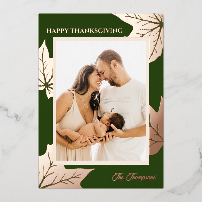 Tarjeta Festiva Con Relieve Metalizado Foliage Botanical Frame Family Foto Acción de Grac (Anverso)