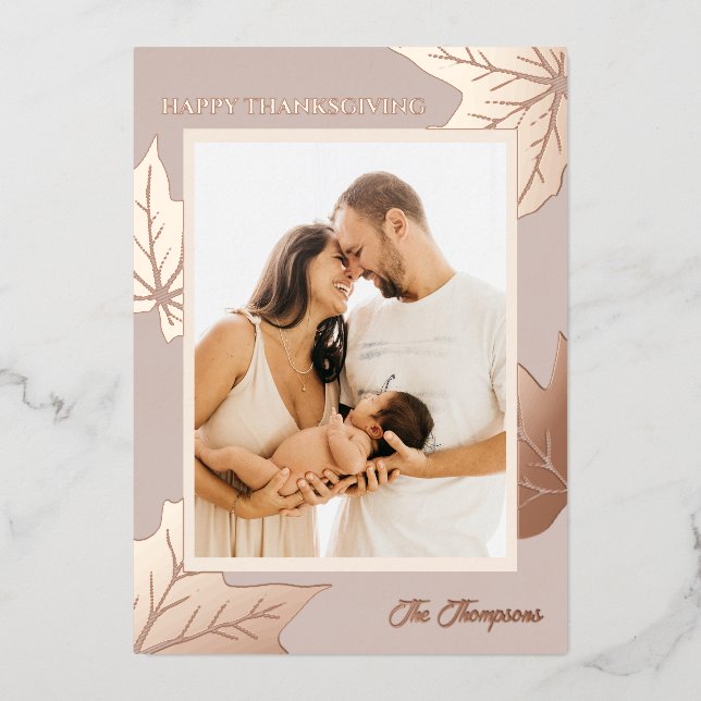 Tarjeta Festiva Con Relieve Metalizado Foliage Botanical Frame Family Foto Acción de Grac (Anverso)