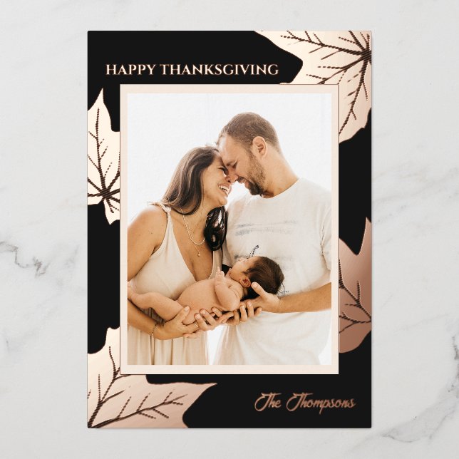 Tarjeta Festiva Con Relieve Metalizado Foliage Botanical Frame Family Foto Acción de Grac (Anverso)