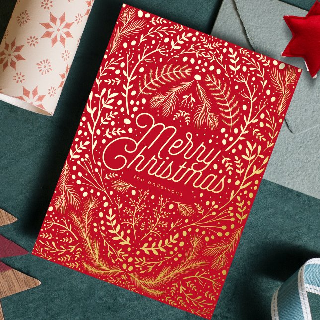 Tarjeta Festiva Con Relieve Metalizado Foliage de oro rojo y Berries Feliz Navidad (Subido por el creador)